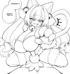  1boy 1girl animal_ear_fluff animal_ears animal_hands bell blush bombergirl breasts cat_ears cat_tail claws cleavage english_text fangs hand_on_another&#039;s_chest highres huge_breasts jadf jingle_bell jingle_bell_earrings large_breasts long_hair looking_at_viewer monochrome open_mouth pine_(bombergirl) pov smile smug speech_bubble squatting tail thighhighs twintails white_background 