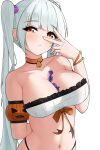  1girl arm_behind_back azur_lane bandeau bangs between_breasts breasts brown_eyes candy choker cleavage collarbone commentary_request detached_sleeves food formidable_(azur_lane) hand_up head_tilt highres large_breasts long_hair looking_at_viewer midriff navel orange_choker parted_lips puffy_short_sleeves puffy_sleeves short_sleeves simple_background solo stomach strapless tube_top twintails upper_body v_over_eye very_long_hair white_background white_hair zerotwenty_(020) 