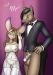  2022 anthro balls big_breasts big_ears black_hair black_tie_(suit) bottomless bottomless_male breasts canid canine chastity_cage chastity_device chastity_piercing clothed clothing danaume digit_ring dress duo english_text equid equine eyes_closed female fennec fox front_view garter_belt garter_straps genital_piercing genitals green_eyes green_hair hair hand_on_shoulder hi_res horse husband_and_wife jewelry legwear locktober long_hair looking_at_another male male/female mammal married_couple navel neck_bow nipple_piercing nipples piercing pink_nose presenting pussy pussy_piercing ring simple_background smile standing stockings suit tan_body text translucent translucent_clothing translucent_dress wedding wedding_dress wedding_ring white_clothing white_dress white_legwear white_stockings 