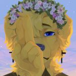  1:1 absurd_res accessory ambiguous_gender anthro blonde_hair blue_eyes bust_portrait canid canine canis cheek_tuft clothed clothing corzh77 domestic_dog facial_tuft floppy_ears flower flower_in_hair front_view fur glistening glistening_eyes hair hair_accessory hi_res looking_at_viewer mammal mouth_closed neck_tuft plant portrait short_hair sky solo topwear tuft unsigned yellow_body yellow_ears yellow_fur 