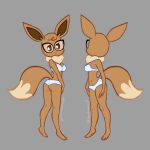  1:1 absurd_res anthro bra breasts brown_body brown_eyes brown_fur brown_hair canid canine chest_tuft clothed clothing digital_media_(artwork) dipstick_tail eevee eyewear female fingers fur generation_1_pokemon glasses grey_background hair hi_res looking_back mammal markings navel nintendo panties pokemon pokemon_(species) rear_view side_boob side_view simple_background smile solo standing tail_markings tan_body tan_fur tangeluscious tuft underwear underwear_only video_games white_bra white_clothing white_panties white_underwear 