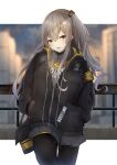  1girl absurdres aratake bangs black_jacket black_pantyhose blurry blurry_background blush breasts brown_eyes feet_out_of_frame girls&#039;_frontline grey_hair grey_skirt hands_in_pockets highres hood hooded_jacket jacket long_hair long_sleeves looking_at_viewer neck_ribbon open_mouth pantyhose ribbon scar scar_across_eye shirt side_ponytail simple_background skirt small_breasts solo standing steam_from_mouth ump45_(girls&#039;_frontline) white_shirt 