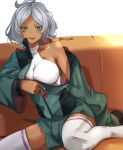  1girl ahoge aona_(anagasaki) breasts couch green_eyes green_jacket green_shorts grey_hair gundam gundam_suisei_no_majo highres jacket large_breasts looking_at_viewer military military_uniform nail_polish open_mouth secelia_dote shirt shorts simple_background sitting sleeveless sleeveless_shirt solo thighhighs twitter_username uniform white_background white_nails white_shirt white_thighhighs zettai_ryouiki 