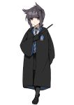  1girl alternate_costume black_footwear black_gloves black_hair black_pantyhose black_robe blue_necktie blush brown_eyes brown_hair closed_mouth collared_shirt cosplay diagonal-striped_necktie diagonal_stripes full_body gloves hair_flaps hair_horns harry_potter_(series) hatsuzuki_(kancolle) highres hogwarts_school_uniform holding holding_wand kantai_collection long_sleeves necktie pantyhose ravenclaw robe sayuwan school_uniform shirt shoes short_hair simple_background solo striped wand white_background white_shirt wide_sleeves 