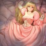  1girl 2022 blonde_hair closed_mouth collarbone detached_sleeves dress frown gloves grey_eyes long_hair long_sleeves looking_at_viewer lying on_back original pink_dress puffy_sleeves solo spread_legs tiara white_gloves youkai_ankake 
