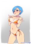  1girl artist_name bare_shoulders bikini blue_eyes blue_hair blue_nails blush breasts bulma collarbone commentary dragon_ball dragon_ball_(classic) earrings english_commentary framed gradient gradient_background grey_background halterneck jewelry kajin_(kajinman) large_breasts lips looking_at_viewer nail_polish navel navel_penetration parted_lips short_hair simple_background solo standing star_(symbol) stomach swimsuit yellow_bikini 