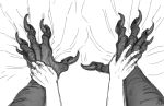  5_fingers ajelo big_claws black_and_white black_claws claws curved_claws duo finger_claws fingers hand_holding humanoid_hands interlocked_fingers monochrome size_difference teratophilia 