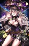  1girl absurdres bangs bare_shoulders breasts cleavage corrin_(fire_emblem) corrin_(fire_emblem)_(female) cowboy_shot detached_collar fire_emblem fire_emblem_fates fire_emblem_heroes fireworks grey_hair halloween_costume hands_up hat highres lantern long_sleeves looking_at_viewer night night_sky official_alternate_costume pointy_ears red_eyes sky sobasakuhin solo thighs witch_hat 