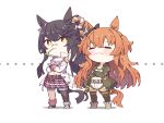  ... 2girls :3 =_= animal_ears asymmetrical_legwear bandage_on_leg bandaid bandaid_on_face bandaid_on_nose bangs black_hair blush_stickers bomber_jacket bow brown_bow brown_jacket brown_thighhighs chest_sarashi chibi commentary crossed_arms doyagao ear_bow ear_ornament epaulettes hair_between_eyes high_ponytail horse_ears horse_girl horse_tail jacket long_hair looking_at_viewer mayano_top_gun_(umamusume) metaru mouth_hold multiple_girls narita_brian_(umamusume) orange_hair rope sarashi shimenawa shiny shiny_hair sidelocks single_thighhigh smug stalk_in_mouth tail thighhighs two_side_up umamusume uneven_legwear white_jacket yellow_eyes 