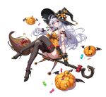  1girl absurdres artist_request bell belt black_gloves black_thighhighs breasts broom broom_riding candy dress food game_cg gloves guardian_tales hairband half_vampire_priscilla halloween halloween_costume hat high_heels highres horns jack-o&#039;-lantern jingle_bell lollipop long_hair medium_breasts multiple_belts official_art orange_dress orange_ribbon parted_lips red_eyes red_ribbon ribbon sideboob single_horn solo thighhighs transparent_background white_hair witch witch_hat 