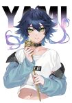  1boy blue_hair blue_jacket cao_hong_anh collar collarbone commission gradient_hair jacket long_sleeves male_focus microphone midriff multicolored_hair navel open_clothes open_jacket ryoune_yami shirt short_hair_with_long_locks short_sleeves solo stomach t-shirt upper_body utau white_shirt 