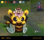  1girl :3 absurdres bangs bee_costume bel&#039;veth blonde_hair character_name crown english_commentary highres league_of_legends looking_at_viewer multiple_views purple_eyes short_hair signature smile standing thejenneralchen wings 