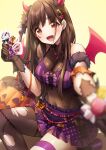  1girl absurdres bangs bare_shoulders black_gloves blush breasts brown_hair candy cleavage demon_horns demon_wings earrings facial_mark food gloves hair_ornament halloween highres holding holding_candy holding_food horns idolmaster idolmaster_shiny_colors jewelry large_breasts long_hair looking_at_viewer miniskirt open_mouth purple_skirt red_eyes simple_background skirt smile sonoda_chiyoko sora_(men0105) star_(symbol) star_earrings star_facial_mark star_hair_ornament thigh_strap wings yellow_background 