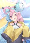  1girl absurdres aisu_(icicleshot) bangs bare_shoulders black_jacket blue_hair bow-shaped_hair character_hair_ornament collarbone glint grey_shirt hair_ornament highres iono_(pokemon) jacket light_blue_hair light_blush long_sleeves looking_at_viewer magnemite multicolored_clothes multicolored_hair multicolored_jacket open_mouth oversized_clothes pink_eyes pink_hair pokemon pokemon_(game) pokemon_gym pokemon_sv raised_eyebrows sharp_teeth shirt sleeveless sleeveless_shirt sleeves_past_fingers sleeves_past_wrists solo split-color_hair teeth two-tone_hair two-tone_jacket very_long_sleeves x yellow_jacket 