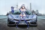  1girl absurdres alternate_costume azur_lane breasts car character_name cleavage copyright_name elbow_gloves flag full_body gloves ground_vehicle hai_tien_(azur_lane) high_heels highres holding holding_flag kcar66t leotard license_plate long_hair motor_vehicle oriental_pearl_tower product_placement qiantu qiantu_k50 race_queen real_world_location shanghai sports_car thighhighs 