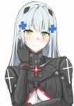  1girl absurdres adjusting_hair aratake bangs black_gloves blue_hair blush breasts closed_mouth crossed_arms girls&#039;_frontline gloves green_eyes hair_ornament hairclip highres hk416_(girls&#039;_frontline) hk416_(midnight_evangelion)_(girls&#039;_frontline) light_blue_hair lips long_hair long_sleeves looking_at_viewer medium_breasts official_alternate_costume smile solo teardrop_facial_mark teardrop_tattoo two-tone_bodysuit underboob upper_body white_background 