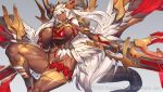  1girl 2022 bangs breasts character_request dark-skinned_female dark_skin disgaea feathered_wings gloves holding holding_sword holding_weapon horns knee_up large_breasts long_hair low_wings makai_senki_disgaea_7 melon22 muscular muscular_female official_art red_eyes simple_background solo sword tail tattoo vambraces weapon white_hair wings 