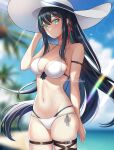  1girl bangs beach bikini black_hair blurry blurry_background blush braid breasts cleavage closed_mouth commentary_request green_eyes green_hair hair_between_eyes hair_ribbon hat heichanart large_breasts lin_(tower_of_fantasy) long_hair looking_at_viewer multicolored_hair outdoors red_ribbon ribbon sidelocks sky smile solo standing summer sun_hat swimsuit thighhighs thighs tower_of_fantasy very_long_hair white_headwear white_thighhighs 