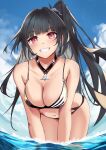  1girl absurdres aratake architect_(girls&#039;_frontline) architect_(nvw_model)_(girls&#039;_frontline) bangs bare_shoulders bikini black_bikini black_hair blue_sky blush breasts cleavage collarbone girls&#039;_frontline hair_ornament hair_scrunchie highres leaning_forward long_hair looking_at_viewer medium_breasts navel ocean official_alternate_costume on_water open_mouth parted_lips purple_eyes scrunchie side_ponytail sky smile solo standing swimsuit two-tone_bikini water 