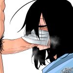  1boy 1girl black_hair closed_eyes erection fellatio fellatio_under_mask from_side guman_project hetero male_pubic_hair mask medium_hair mouth_mask oral original penis pubic_hair simple_background solo_focus surgical_mask uncensored white_background 