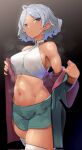  1girl bare_shoulders blue_eyes crop_top dark-skinned_female dark_skin grey_hair gundam gundam_suisei_no_majo highres jacket jacket_partially_removed midriff navel parted_lips ringobatake secelia_dote short_hair short_shorts shorts simple_background skindentation solo steam steaming_body sweat thighs undressing zettai_ryouiki zipper zipper_pull_tab 