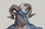  2022 anthro blue_body blue_scales curled_horn digital_media_(artwork) dragon hair headshot_portrait horn male muscular muscular_anthro muscular_male open_mouth portrait reileigh scales scalessimple_background scalie simple_background solo taran_fiddler teeth thick_neck white_hair 