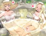  absurdres artist_name blonde_hair blurry blurry_background breasts collarbone day gradient_hair hand_on_own_chest heart highres karbuitt kid_icarus kid_icarus_uprising large_breasts long_hair medium_breasts multicolored_hair naked_towel nude one_eye_closed onsen parted_hair partially_submerged phosphora rock short_hair sparkle spoken_heart steam towel towel_on_head tree viridi water waterfall 