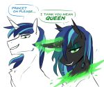  blue_hair disguise disguised_changeling equid equine eyeshadow fangs friendship_is_magic green_eyes green_eyeshadow hair hasbro horn makeup mammal my_little_pony queen_chrysalis_(mlp) redxbacon shining_armor_(mlp) simple_background transformation unicorn white_background 