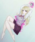  1girl ahoge akamatsu_kaede arm_behind_back arms_up ball bangs barefoot blonde_hair blood breasts brown_necktie collared_shirt danganronpa_(series) danganronpa_v3:_killing_harmony grey_background grey_vest hair_ornament highres holding holding_ball large_breasts long_hair long_sleeves lying musical_note musical_note_hair_ornament musical_note_print nanamyi_(sevens-sea-ai) necktie on_side pink_blood pleated_skirt purple_skirt shiny shiny_hair shirt skirt solo vest white_shirt 