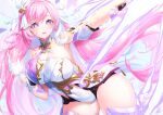  1girl armpits bangs bare_shoulders breasts dress elf elysia_(herrscher_of_human:ego) elysia_(honkai_impact) gloves hair_ornament highres honkai_(series) honkai_impact_3rd large_breasts long_hair looking_at_viewer open_mouth outstretched_arm petals pink_eyes pink_hair pointy_ears sleeveless sleeveless_dress solo white_dress white_gloves xfate 