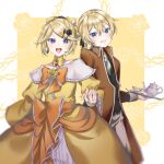  aku_no_meshitsukai_(vocaloid) aku_no_musume_(vocaloid) allen_avadonia ascot bangs blonde_hair blue_eyes bow brooch brother_and_sister brown_jacket butler choker cup dress dress_bow earrings evillious_nendaiki floral_background flower frilled_sleeves frills grin hair_between_eyes hair_bow hair_ornament hair_ribbon hairclip highres holding_hands interlocked_fingers jacket jewelry kagamine_len kagamine_rin open_mouth orange_bow pino_(user_wkpu2337) ribbon riliane_lucifen_d&#039;autriche rose short_ponytail siblings smile swept_bangs tea_set teacup teapot thorns tray twins vocaloid wide_sleeves yellow_background yellow_bow yellow_choker yellow_dress yellow_flower yellow_rose 