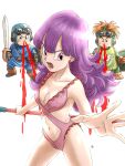  1girl 2boys blood breasts chibi cleavage closed_mouth curly_hair dragon_quest dragon_quest_ii earrings gloves goggles goggles_on_head goggles_on_headwear highres hood jewelry long_hair looking_at_viewer multiple_boys navel nosebleed one-piece_swimsuit open_mouth pink_one-piece_swimsuit prince_of_lorasia prince_of_samantoria princess_of_moonbrook purple_eyes purple_hair simple_background spiked_hair staff swimsuit sword weapon white_background yuto_sakurai 