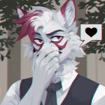  &lt;3 1:1 anthro black_clothing black_necktie black_topwear black_vest bust_portrait canid canine canis cheek_tuft clothed clothing corzh77 facial_tuft front_view fur hair hi_res inner_ear_fluff male mammal neck_tuft necktie portrait red_body red_eyes red_fur red_hair solo speech_bubble topwear tuft unsigned vest white_body white_clothing white_fur white_hair white_inner_ear_fluff white_topwear wolf 