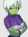  1girl bodysuit breasts cheelai colored_skin crossed_arms dragon_ball dragon_ball_super dragon_ball_super_broly gloves green_skin grey_background kemachiku large_breasts looking_at_viewer pink_eyes purple_bodysuit short_hair simple_background solo white_gloves white_hair 