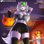  1:1 2022 absurd_res anthro artist_name black_bottomwear black_clothing black_shorts bottomwear breasts bucket canid canine canis clothing collar container cosplay crossover crossover_cosplay female five_nights_at_freddy&#039;s five_nights_at_freddy&#039;s:_security_breach green_hair hair halloween hand_behind_head helluva_boss hi_res holding_object holidays jack-o&#039;-lantern looking_at_viewer loona_(helluva_boss) mammal night_sky roxanne_wolf_(fnaf) scottgames shorts silverray17 solo spiked_collar spikes twitter twitter_logo video_games wolf 