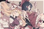  2girls ascot black_eyes black_hair blonde_hair bow breasts closed_mouth collaboration fuukadia_(narcolepsy) hair_bow hair_over_one_eye hair_tubes hakurei_reimu hat hat_ribbon long_hair massakasama mob_cap multiple_bows multiple_girls ofuda red_bow red_ribbon red_shirt red_skirt ribbon sarashi shirt short_hair skirt smile tabard touhou white_headwear yakumo_yukari yellow_ascot yellow_eyes 