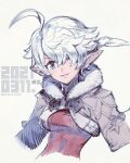  1girl ahoge alisaie_leveilleur blue_eyes breasts cropped_jacket dated elezen elf final_fantasy final_fantasy_xiv fujimoto_hideaki fur_trim hair_between_eyes hair_over_one_eye looking_at_viewer lowres medium_breasts parted_lips pointy_ears red_shirt shirt short_hair_with_long_locks smile solo upper_body white_hair 