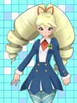  1girl big_hair blonde_hair blue_pantyhose blush breasts closed_mouth drill_hair highres long_hair looking_at_viewer luna_platz_(mega_man) mega_man_(series) mega_man_star_force pantyhose ribbon skirt smile solo striped twin_drills twintails yaibaaan 