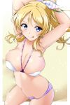  1girl ayase_eli bangs beach bikini birthday blonde_hair blue_eyes blush breasts commentary earrings high_ponytail highres jewelry kirisaki_reina large_breasts long_hair looking_at_viewer love_live! love_live!_school_idol_project shiny shiny_hair shiny_skin sidelocks solo swimsuit tongue tongue_out 