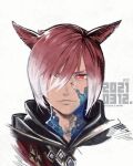  1boy animal_ears black_cloak bob_cut cat_boy cat_ears cloak crystal_exarch dated facial_mark final_fantasy final_fantasy_xiv fujimoto_hideaki g&#039;raha_tia hair_between_eyes looking_at_viewer lowres male_focus miqo&#039;te portrait red_eyes red_hair short_hair slit_pupils smile solo upper_body white_background 