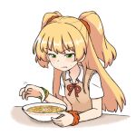  1girl artist_request blonde_hair bracelet food idolmaster idolmaster_cinderella_girls idolmaster_cinderella_girls_starlight_stage jewelry jougasaki_rika long_hair meme neck_ribbon noodles orange_scrunchie ramen ribbon school_uniform scrunchie sweat sweater_vest twintails wrist_scrunchie 