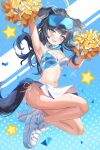  1girl @_@ absurdres animal_ears arm_up armpits bare_shoulders black_hair blue_archive blue_eyes blush breasts cheering cheerleader cleavage clothes_writing crop_top earrings eyewear_on_head goggles goggles_on_head hibiki_(blue_archive) hibiki_(cheerleader)_(blue_archive) highres holding holding_pom_poms jewelry long_hair looking_at_viewer midriff miniskirt navel open_mouth panties pom_pom_(cheerleading) ponytail shoes side-tie_panties skirt skl sleeveless smile sneakers solo star_(symbol) sticker_on_face sunglasses sweat tail underwear white_footwear white_skirt 