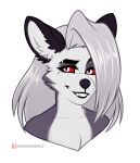  anthro canid canine canis domestic_dog fangs_bared female fur grey_body grey_eyes grey_fur grin hair helluva_boss hi_res long_hair looking_away loona_(helluva_boss) mammal notched_ear open_mouth open_smile red_eyes scar smile solo volodyanocturne white_hair wolf 