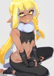  1boy agent_3_(splatoon_3) blonde_hair braid colored_tongue dark-skinned_male dark_skin fangs genderswap genderswap_(ftm) highres inkling inkling_boy jtveemo long_hair looking_at_viewer male_focus midriff navel open_mouth single_braid sitting solo splatoon_(series) splatoon_3 sweat twitter_username wariza yellow_eyes yellow_tongue 