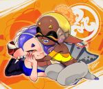  1boy 2girls :d ^_^ bare_shoulders big_man_(splatoon) black_pants blonde_hair blue_hair blue_tongue breasts cephalopod_eyes chest_sarashi chromatic_aberration closed_eyes closed_mouth colored_eyelashes colored_skin colored_tongue crop_top dark-skinned_female dark_skin earrings eyeliner fangs food food_on_head forehead frye_(splatoon) gradient_hair gradient_skin grey_pants grey_socks hachimaki hair_over_one_eye hand_on_own_face hand_up harem_pants headband hokkamuri horizontal_pupils isamu-ki_(yuuki) jewelry legs_up long_hair lying makeup manta_ray medium_breasts multicolored_hair multicolored_skin multiple_earrings multiple_girls navel nejiri_hachimaki object_on_head octarian on_stomach open_mouth pants pink_pupils pointy_ears purple_hair purple_skin red_eyeliner red_eyes red_footwear red_skin sarashi see-through shiver_(splatoon) sideboob sleeveless smile socks splatoon_(series) splatoon_3 suction_cups teeth tempura tentacle_hair toeless_legwear tooth_earrings two-tone_hair yellow_crop_top zoom_layer 