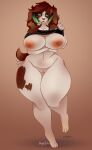  2022 anthro big_breasts bottomless breasts brown_hair bunnywhiskerz canid canine canis clothed clothing clothing_lift domestic_dog genitals hair mammal nipples pussy shirt shirt_lift thick_thighs topwear wide_hips 