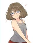  1girl absurdres artist_self-insert bare_shoulders blue_eyes brown_hair closed_mouth commentary glasses highres looking_at_viewer mole mole_under_mouth neqo_(neneneqo) original shirt short_hair simple_background sleeveless sleeveless_shirt smile solo symbol-only_commentary white_background 
