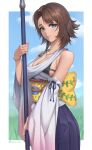  1girl blue_eyes bra_strap bracelet breasts brown_hair cleavage detached_sleeves final_fantasy final_fantasy_x green_eyes hakama hakama_skirt heterochromia highres japanese_clothes jewelry long_skirt necklace obi sash short_hair skirt smile solo staff standing stormstx wide_sleeves yuna_(ff10) 