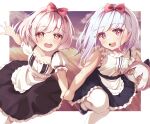  2girls :d absurdres aged_down apron azur_lane bangs bare_shoulders black_footwear black_skirt blush bow center_frills classic_(zildjian33) clothing_cutout cloud cloudy_sky collarbone commentary dido_(azur_lane) doll dress dusk frills hair_between_eyes hair_bow hairband highres holding holding_doll holding_hands long_hair looking_at_viewer multiple_girls open_mouth pantyhose pink_bow purple_eyes red_eyes running shirt short_hair short_sleeves sidelocks sirius_(azur_lane) skirt sky sleeveless sleeveless_shirt smile underboob_cutout waist_apron white_apron white_dress white_hair white_pantyhose white_shirt 