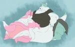  2022 anthro belly belly_overhang big_belly blush brand_new_animal breasts canid canine canis clothed clothing digital_media_(artwork) duo embrace female fox fur hair holding_belly hug long_hair male mammal moobs morbidly_obese morbidly_obese_anthro morbidly_obese_male multicolored_body multicolored_fur nazuna_hiwatashi obese obese_anthro obese_female obese_male overweight overweight_anthro overweight_female overweight_male paceplusle panties pink_body pink_fur pink_hair shirou_ogami simple_background smile squishing_cheeks studio_trigger thick_thighs two_tone_body two_tone_fur underwear white_body white_fur wolf 